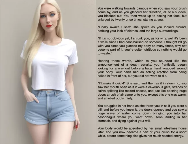 {Image} {Story} Your Crush's Small Snack (Art by Perchance AI) [Oral Vore] [Digestion] by johnxx33