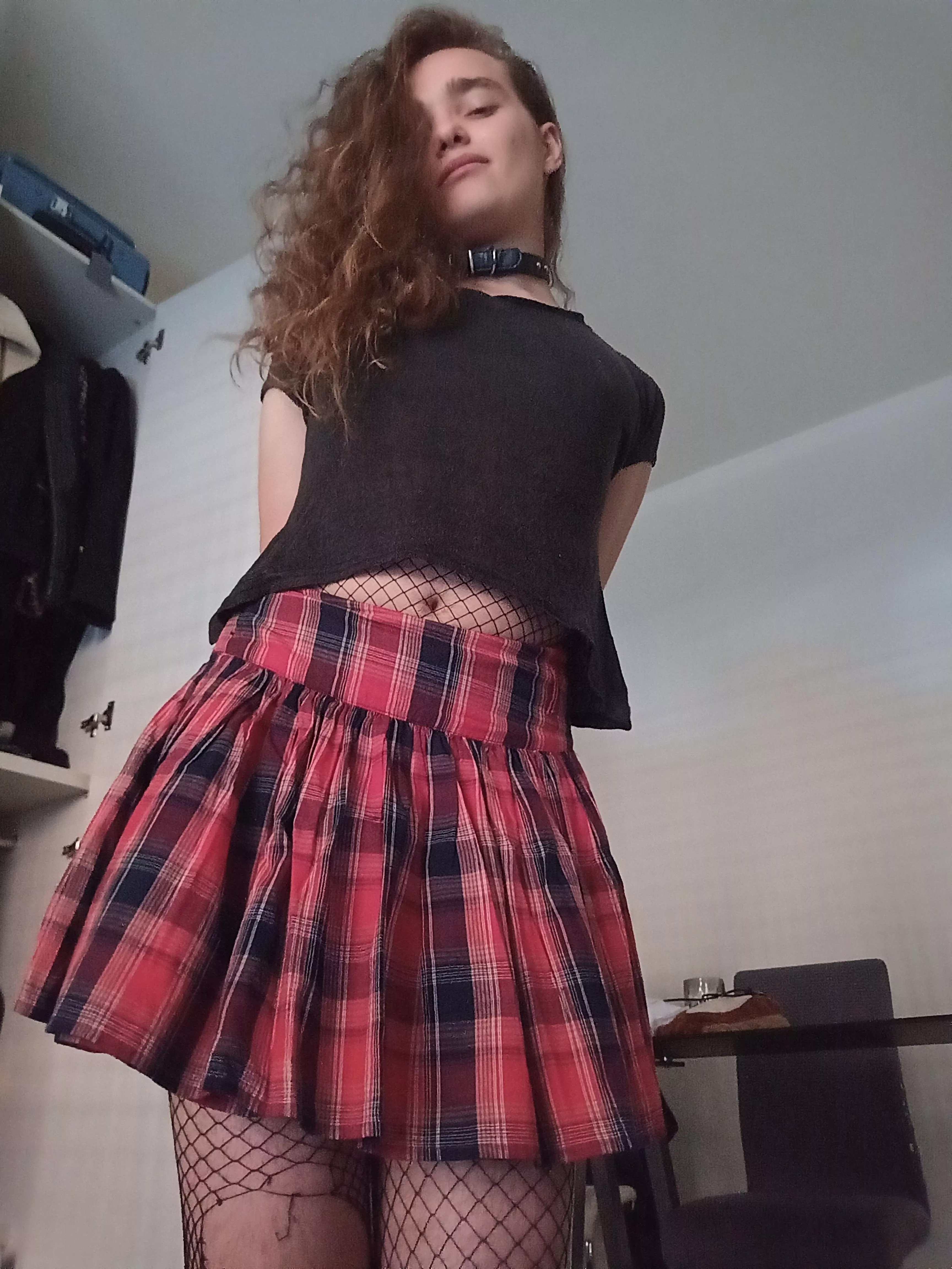 top, skirt and fishnet. do you like my outfit? posted by femboy_gamerGA