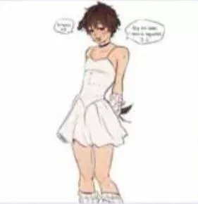 LF Mono Source: 1boy crossdressing blushing short_hair dress white_dress petplay dog_ears white_socks speech_bubbles posted by Mean_Pineapple978