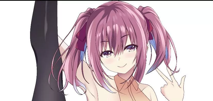 Color: leg hold pose, Ichika Amasawa, smug smile, red ribbons, pink hair, pink eyes, twin tails, beige suit, holding up 3 fingers, white background, incomplete image posted by PolishOnion_