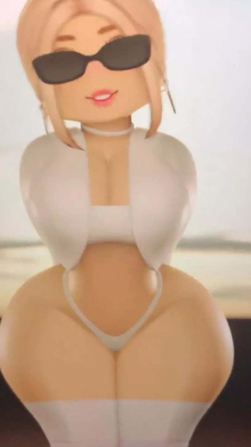 Color, large cleavage, black sunglasses, skin tone white, blonde hair, big curves, white shirt, arms behind back, white thong, (roblox) posted by crcvr7098