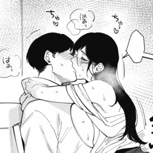 LF Mono Source: 1girl, 1boy, black hair, kiss, blush, glasses, closed eyes, heavy breathing, sweatdrop, hoodie, breasts out, breast press, hug, sfx posted by heroxmode
