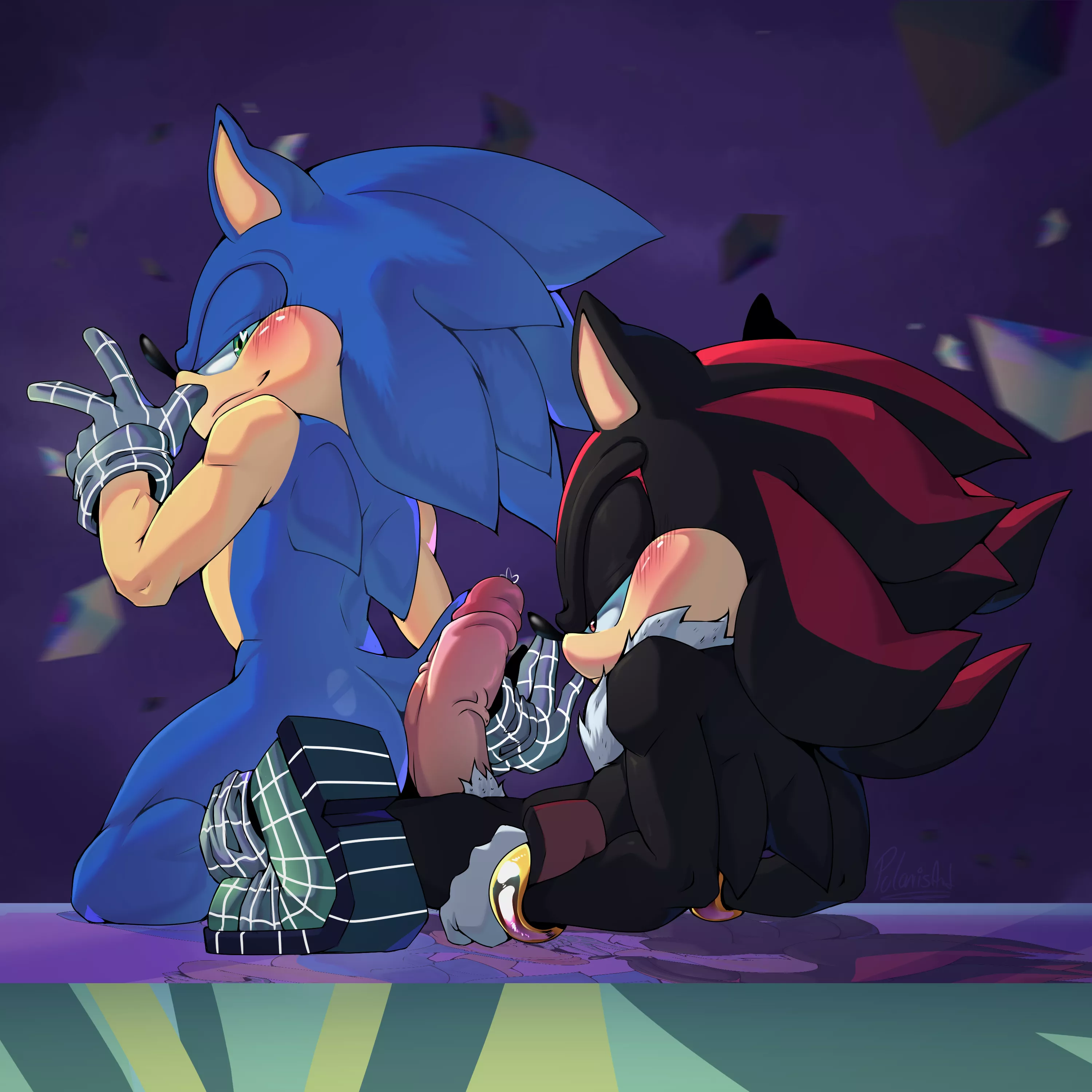 I think sonic got a little too excited when he saw shadow (Artist:PolaristArt) posted by White-Whiskey
