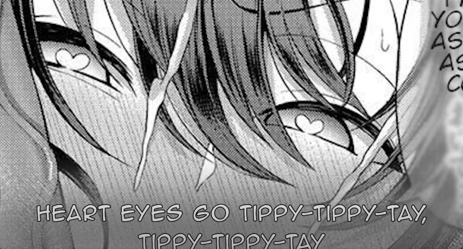 LF Mono Source: YO AS AS C HEART EYES GO TIPPY-TIPPY-TAY TIPPY-TIPPY-TAY 1girl, 1boy, meme, heart-shaped pupils, sweat drop, cum, cum on face, penis, penis on face, bangs, dark hair, blush, speech bubble, cut off text, furled eyebrows by ReveillerRD