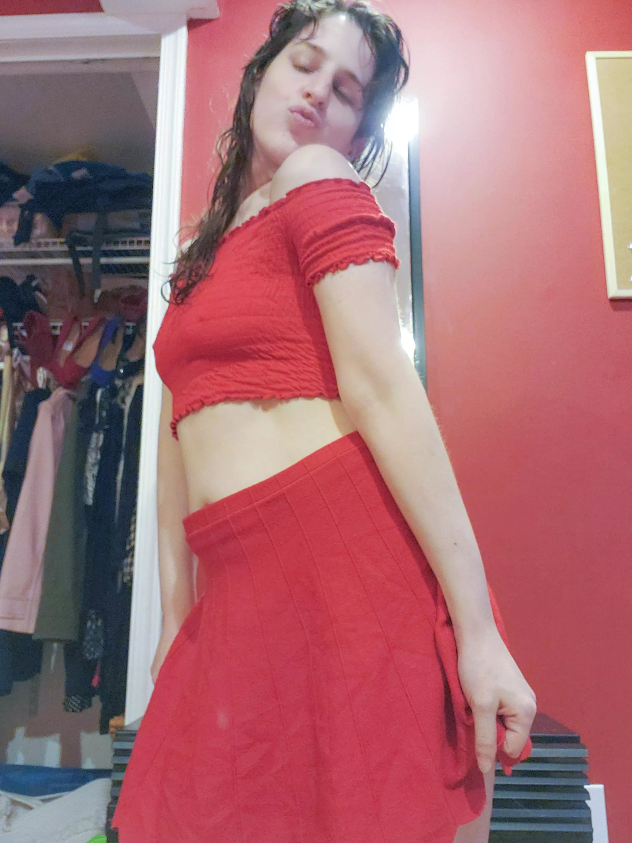 I hope I can get away with red on red! ❤️ posted by PerformanceCandid775