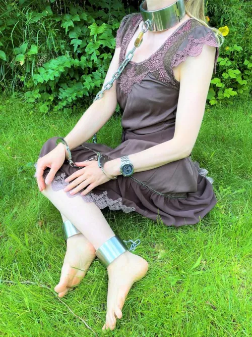 Long-chain handcuffs, heavy ankle restraints, and a massive collar - I had a great time outdoors! by JessicaShackled