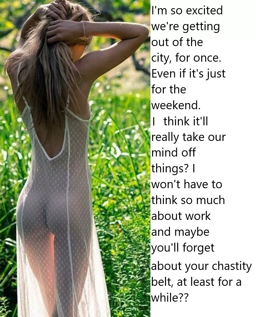 Chastity Fantasy: Caption 358. A few days out in the country will do both of you good. posted by wellhowaboutmaybe