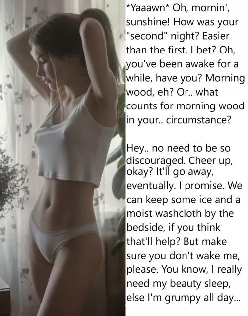 Chastity Fantasy: Caption 261. Or you could just tough it out... Just don't wake her, that's your priority. by wellhowaboutmaybe