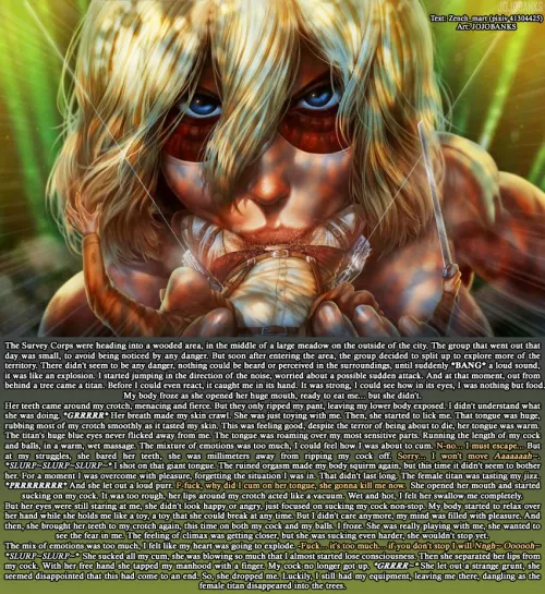 Female titan have a new toy [macrophilia] [Threatening] [Scary sex] [AoT] [Size difference] | Art: JojoBanks by Zench_mart