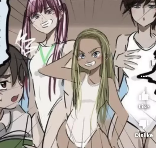 Lf Color Source: 1boy, 3girls, tanlines, swimsuit, smug, slingshot bikini, blond hair, pink hair, arm behind head by LoliconSpaceMarine