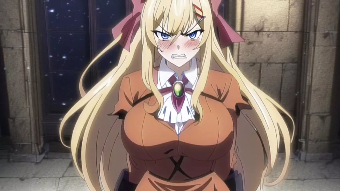 Color 1girl, blonde, blue_eyes, blushing, angry, ribbons, ropes, glaring, bound_arms, restrained posted by Kyoreki