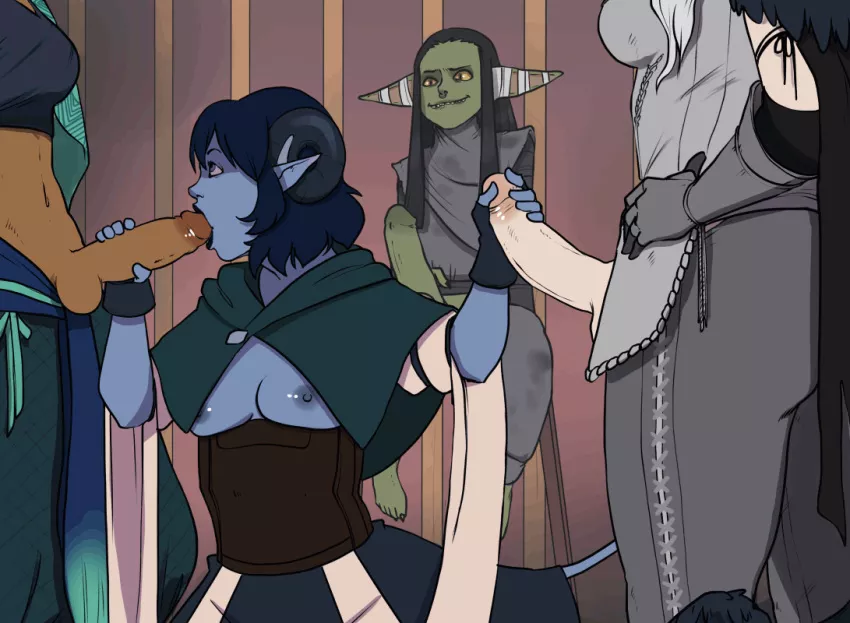 [F4A] During one of the adventures of The Mighty Nein, the encountered and defeated a succubus but not before getting cursed with an near crippling lust. Thankfully, Jester was unaffected and more than willing to help her friends. (zaun-derground) posted by Least-Concentrate775