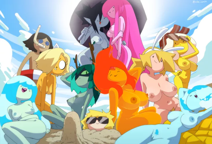Breakfast Princess, Bronwyn, Denise, Finn, Fionna, Flame Princess, Huntress Wizard, Marceline, Princess Bubblegum, Simon, and Water Nymphs having fun at the beach (Inkershike) [Adventure Time] by thehentaisupplier