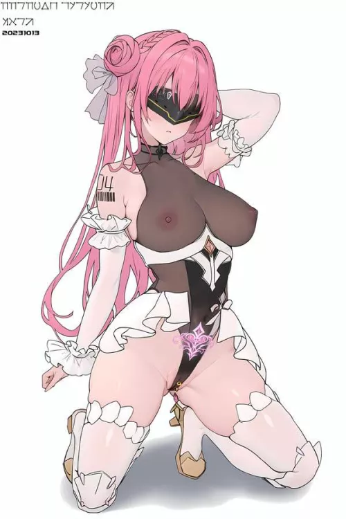 LF mono source: Pink hair, Eye mask, Womb tattoo, Bodysuit, See through, White thig highs, White arm gloves, Barcode by xxjkdu42xx
