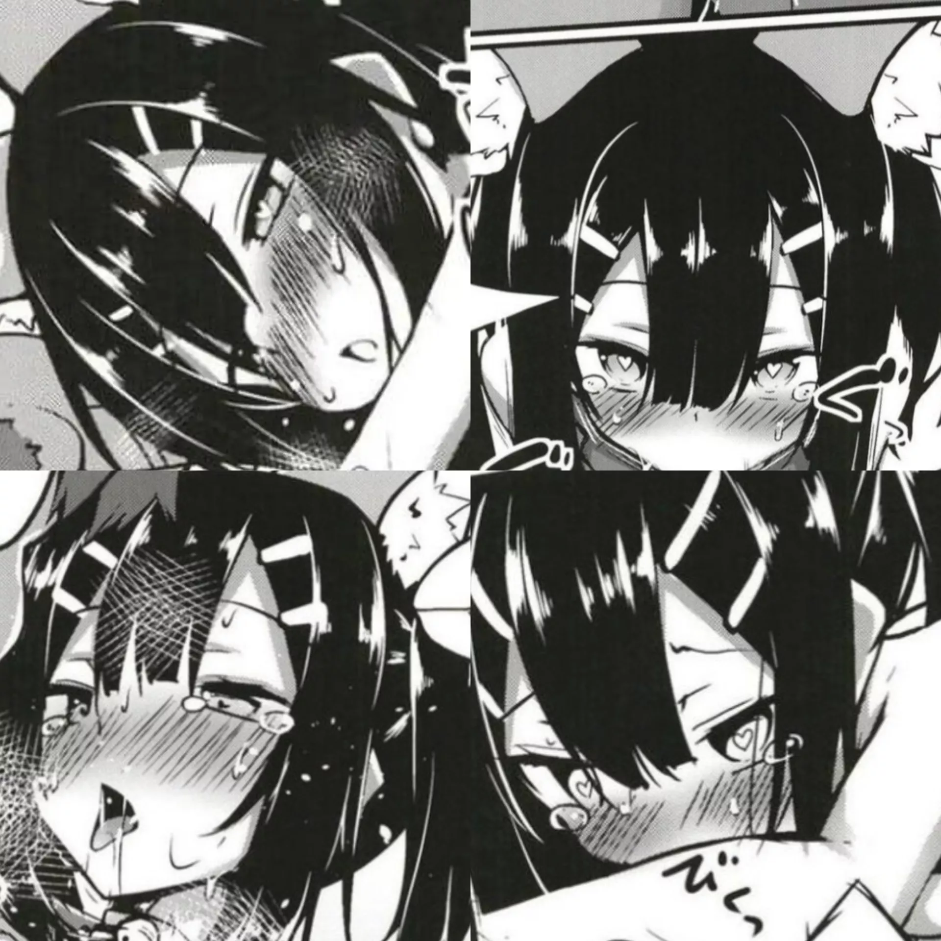 Mono 1girl ahegao animal_ear_fluff animal_ears black_hair cat_ears cat_girl close-up collage drooling face hair_between_eyes hairclip heart-shaped_pupils implied_fellatio/implied_blowjob looking_at_viewer neck_bell nose_blush open_mouth saliva_trail sfx  posted by HentaiSource_Archive