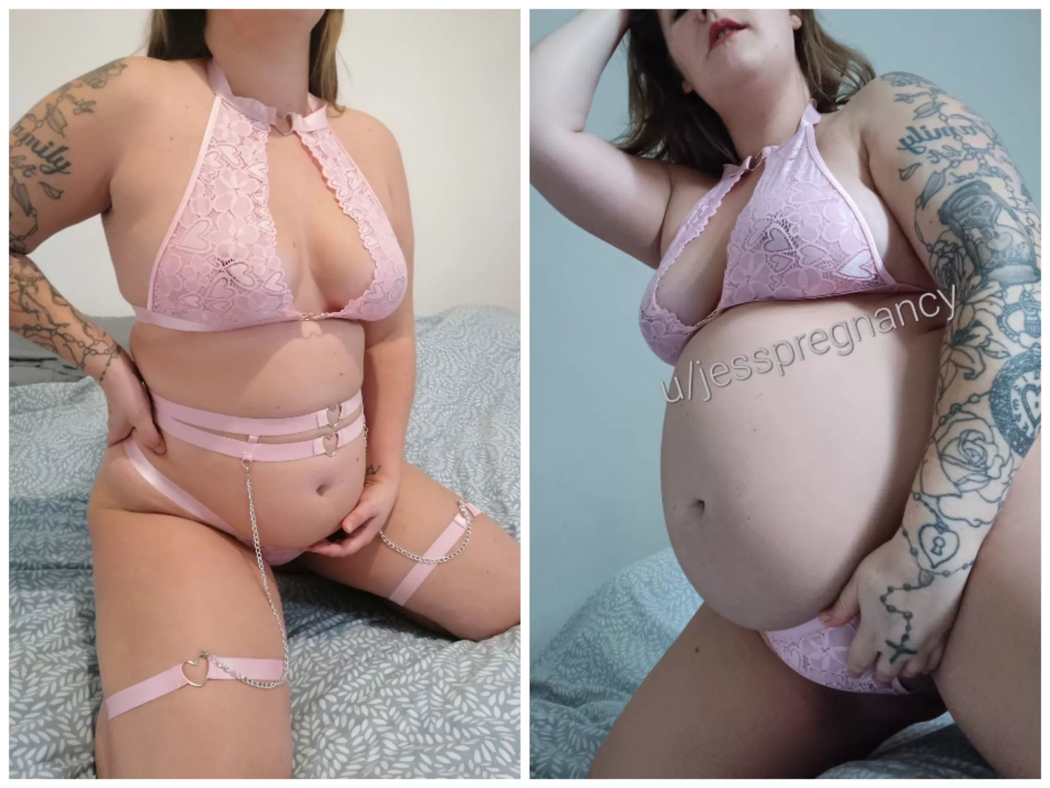My progress from 13 weeks pregnant to currently 21 weeks! Part of the lingerie doesn't fit now 🙈 I hope you like the change to my body ❤️ posted by jesspregnancy