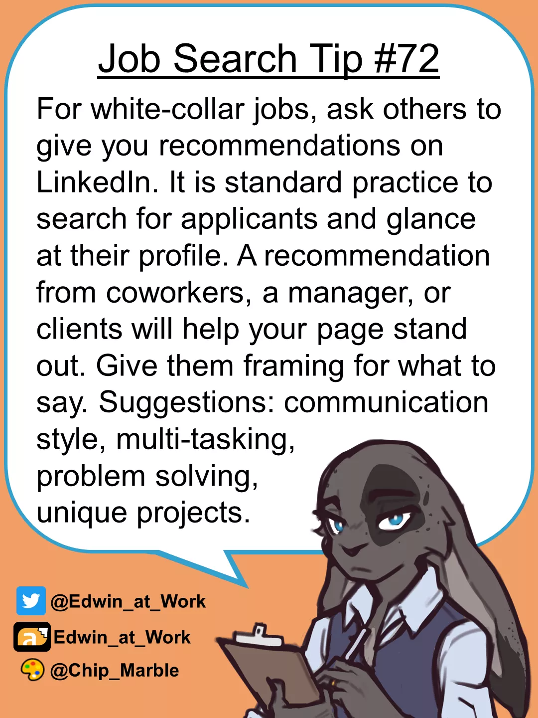 Job Search Tip 71: Recommendations on LinkedIn. Edwin@Work, Job Coaching for Furries posted by Edwin_at_work