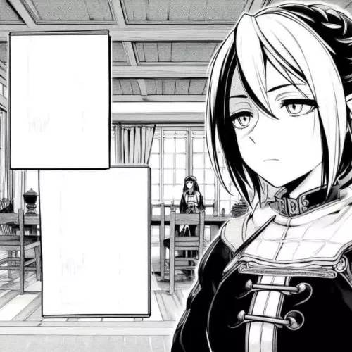 LF Mono Source, 2girls, black hair, black robe, hair between eyes, chairs, table, standing behind table, empty textbox, by Velatrash