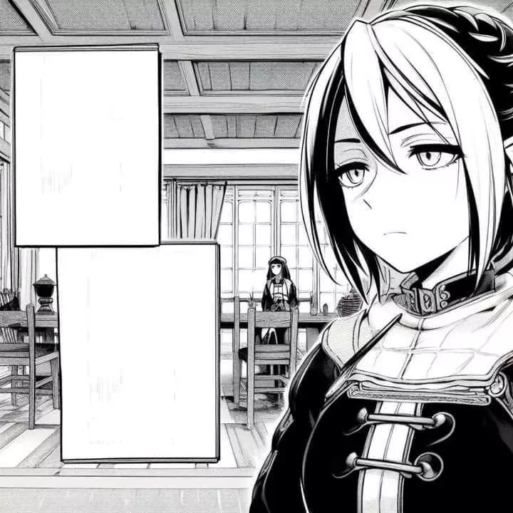 LF Mono Source, 2girls, black hair, black robe, hair between eyes, chairs, table, standing behind table, empty textbox, posted by Velatrash