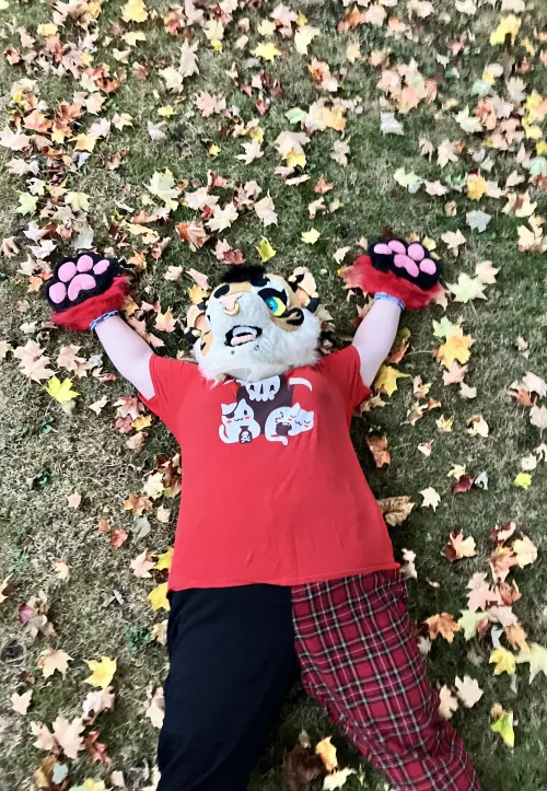 🍁🍂Roll in the leaves! 🍂🍁 Happy fursuit Friday! What’s your favorite thing about fall? by WolfieWiccan