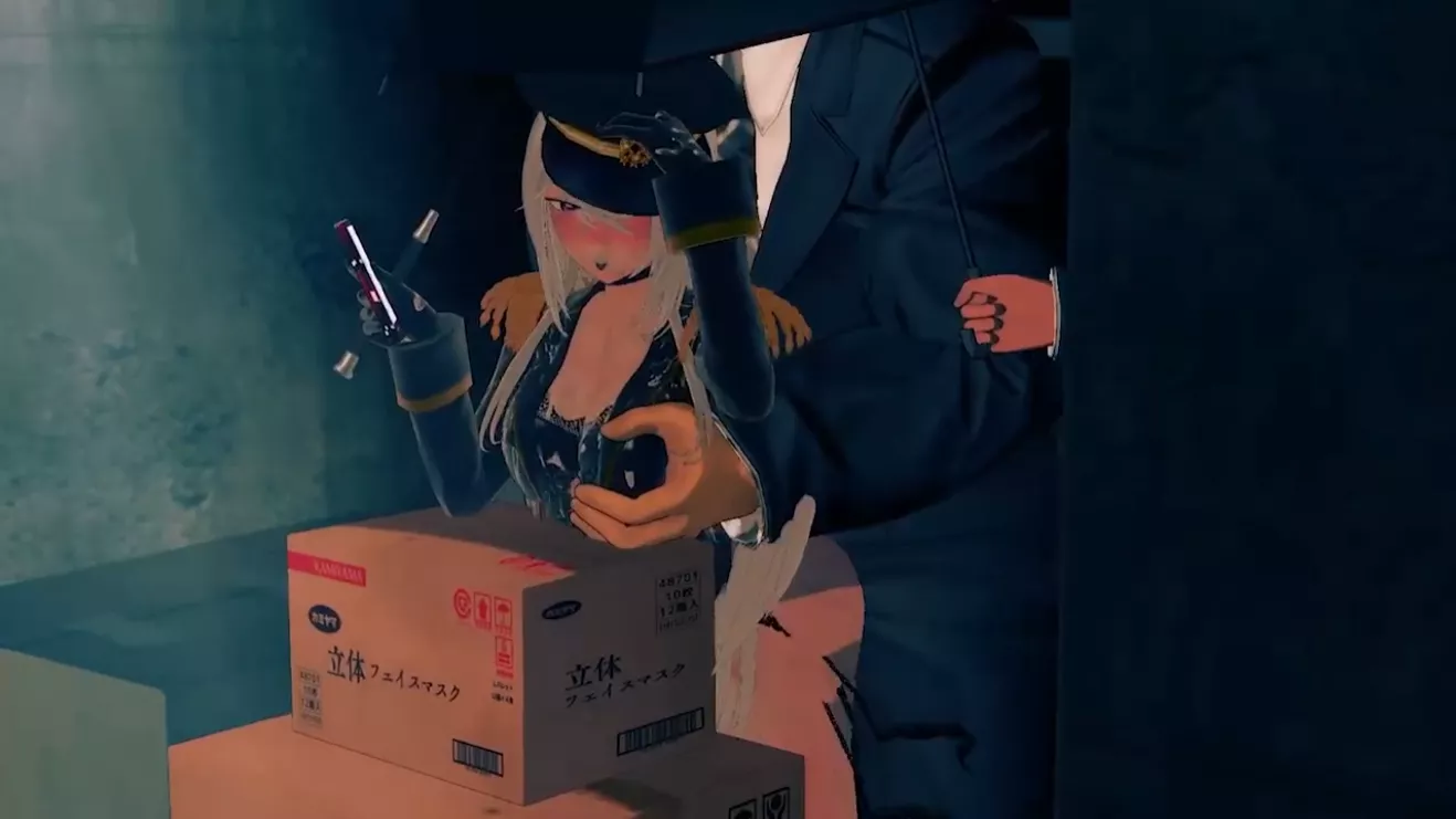 LF Color Source, 1girl, 2boys, from behind, standing, outdoors, school uniform, military uniform, Black Lobelia, My Dress-Up Darling, leaning, rain, boob grab, umbrella, back alley, boxes posted by Cedrik_BOI