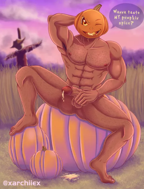 I made this sexy Jack-o-Lantern oc last Halloween to celebrate the spooky season! Does anyone want to try his special pumpkin spice? [Original] (Artist: me) by BaraArchie