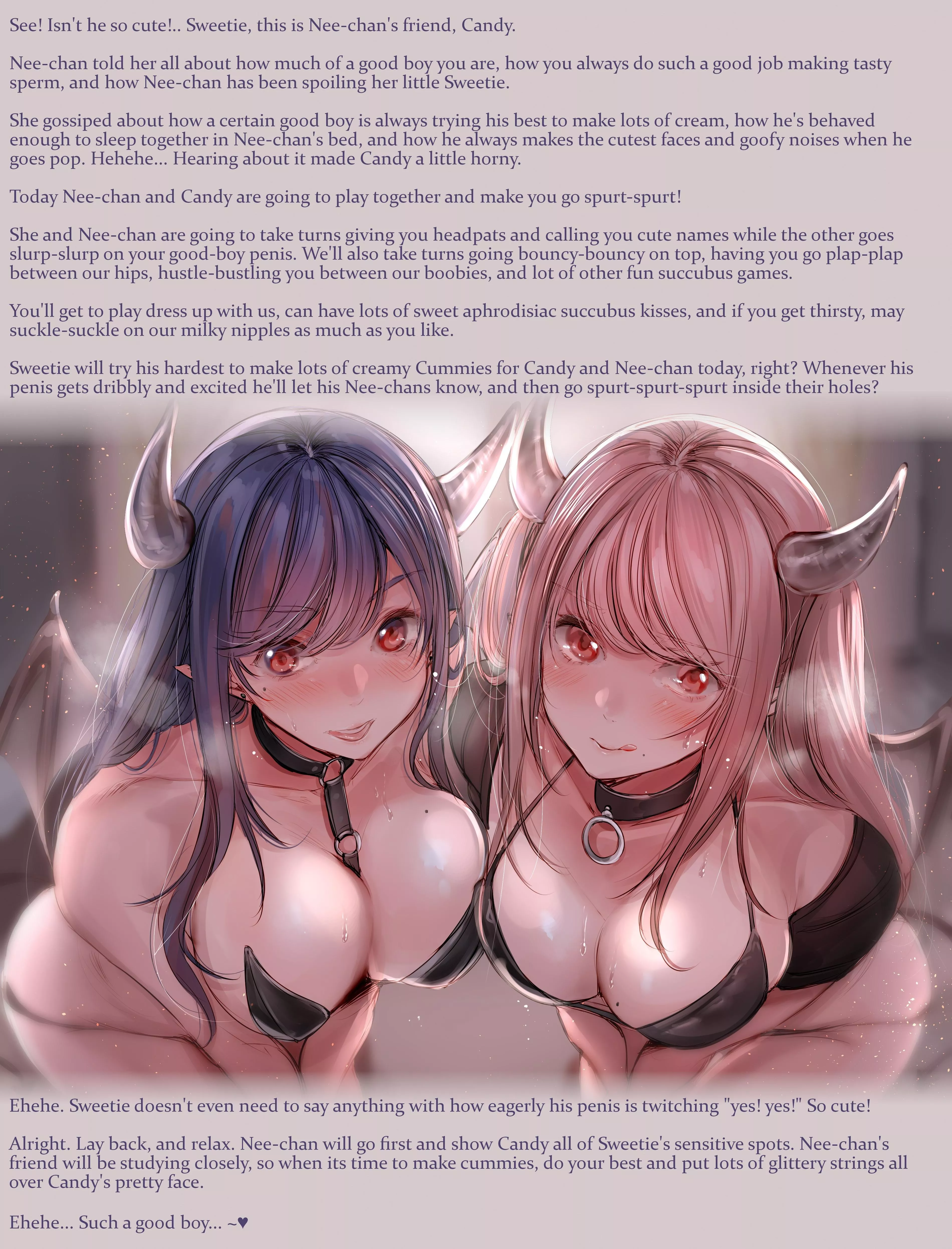 Be a good boy 😇 for your 💋succubus💋 and she'll have to let her friends have a chance to play with you too! [Wholesome][Succubus][2girls] posted by giggle-magician