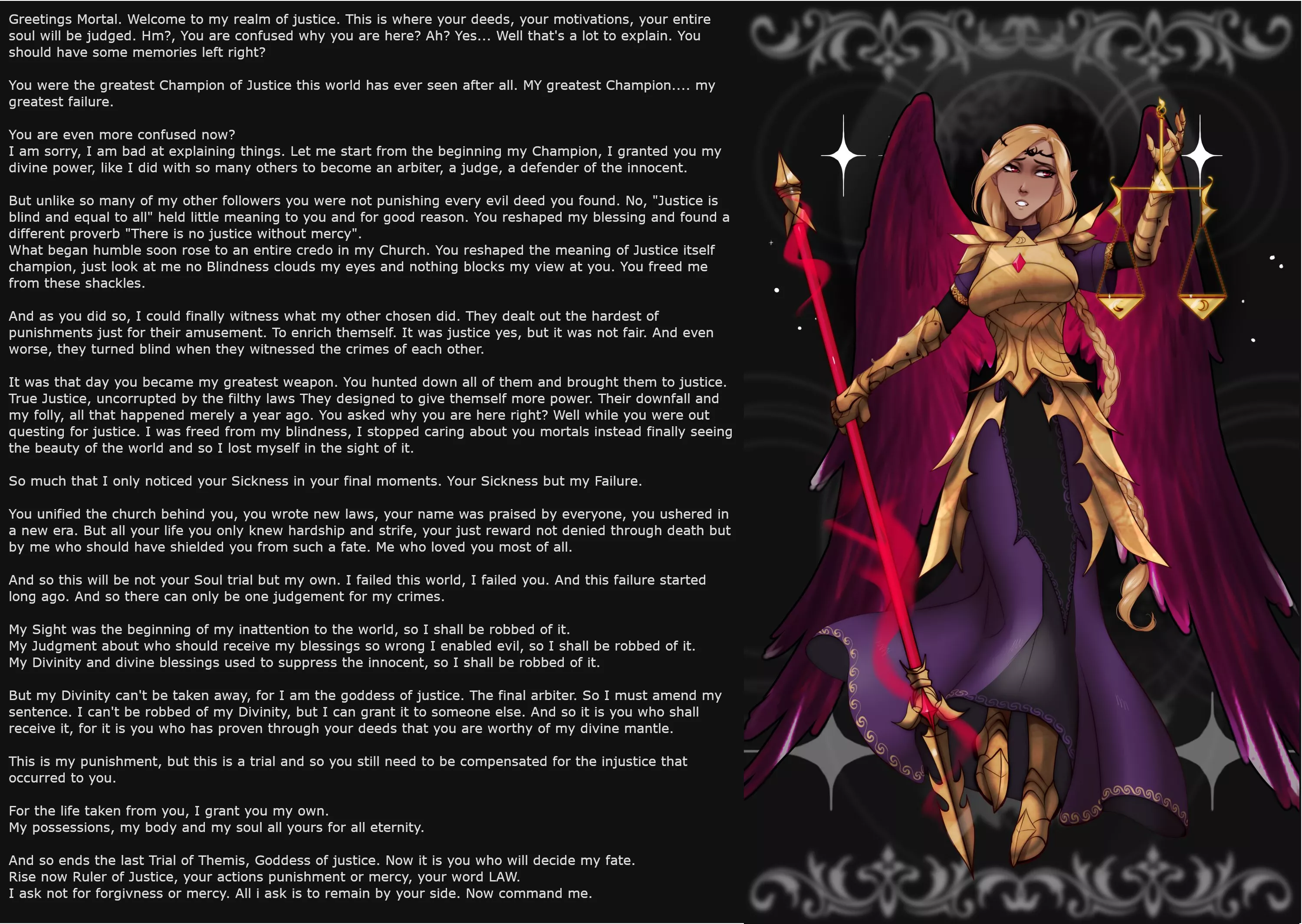 The Trial of a Goddess of Justice [Intro] [Slave] [No Sex] [Femsub] [Power loss] [Male POV] Artist: HorniOni posted by Awkward_Albatross762