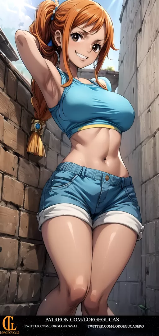 Nami showing off with blue top and shorts [LorgeGucas] posted by LorgeGucas_official
