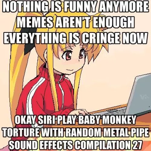 LF Color Source: Meme, red tracksuit, ribbon, yellow hair, pixelated, laptop, brown eyes, 1girl, 