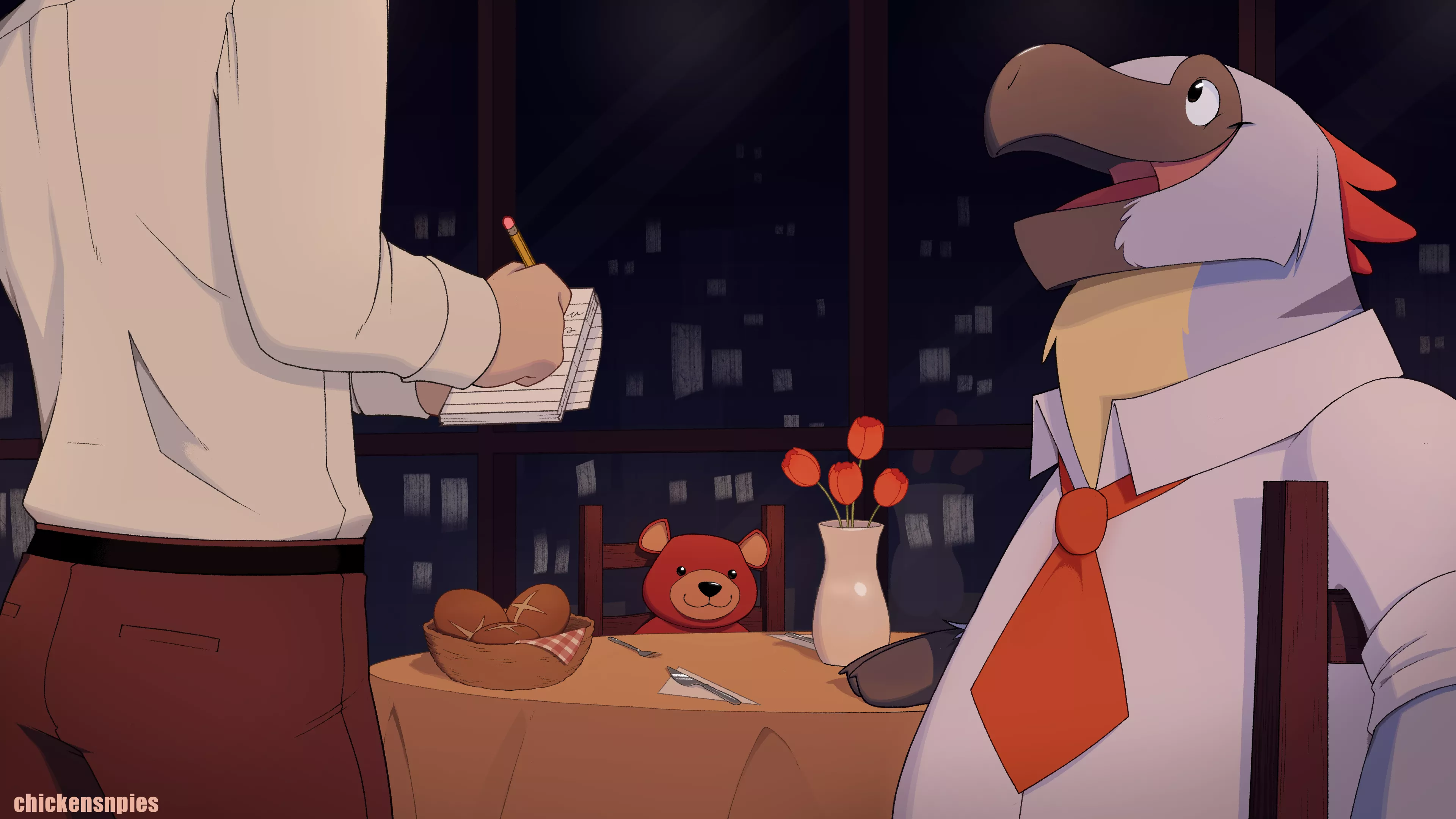 A fancy dinner with a fancy business partner! (art by me, chickensnpies1 on Twitter) posted by chimigni