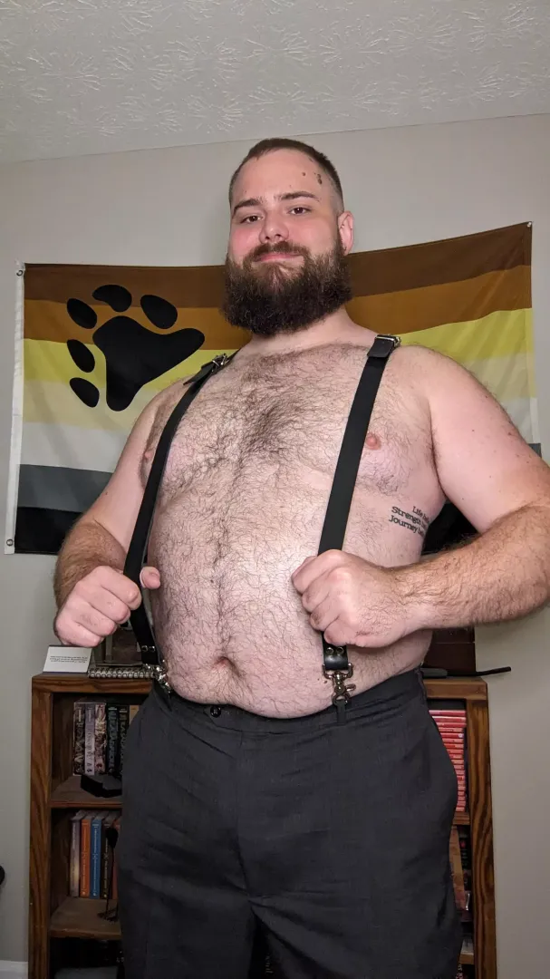Bear in suspenders posted by cousteausCredence