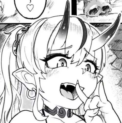 Mono 1girl \n/ bare_shoulders black_bra blush close-up collar demon_girl face fang finger_to_mouth hair_beads hair_between_horns hoop_earring ojou-sama_pose oni open_mouth pointy_ears ponytail portrait sharp_fingernails skull spoken_heart streaked_hair  by HentaiSource_Archive