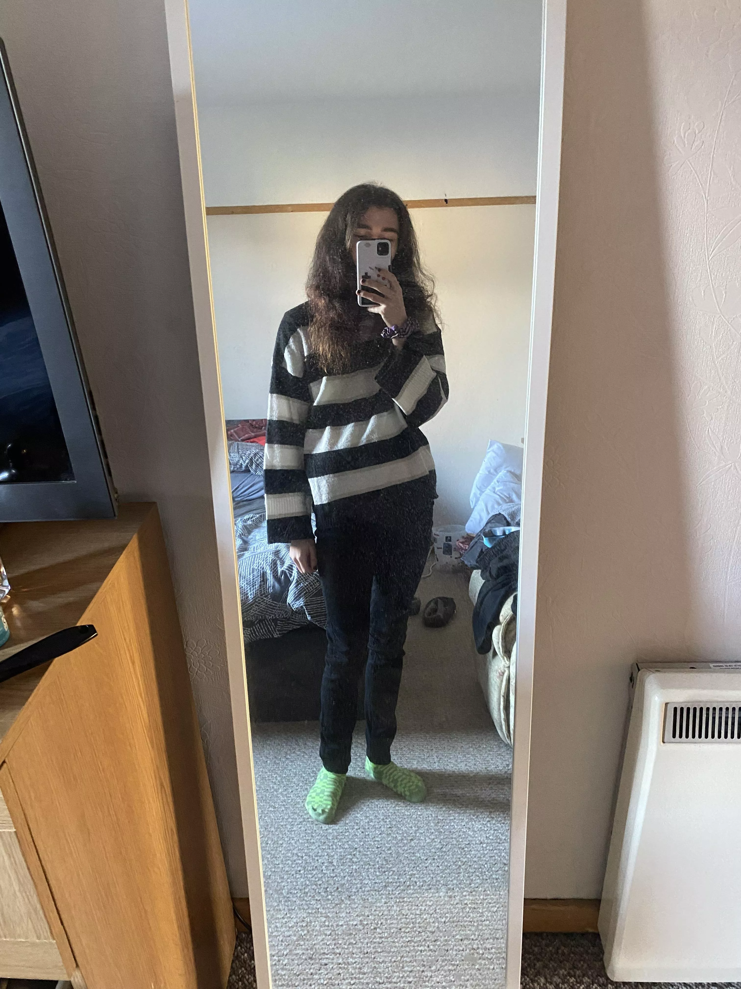 Friend let me try on her clothes :) ignore the minecraft socks lol posted by mushymia_