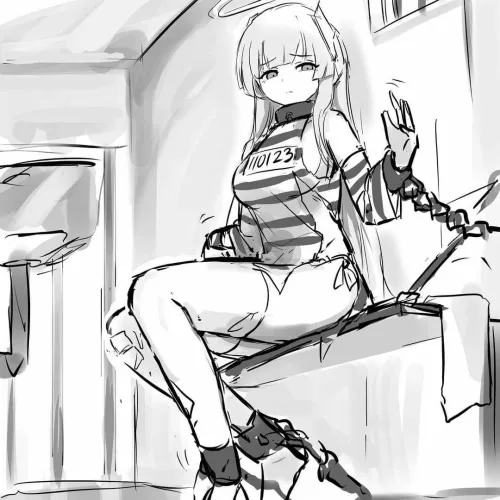 LF MONO SOURCE: Noa_blue_archive,1girl,white_hair,prison_uniform,thighhighs,stripe,long_hair,prison_cell,chained by LamVok