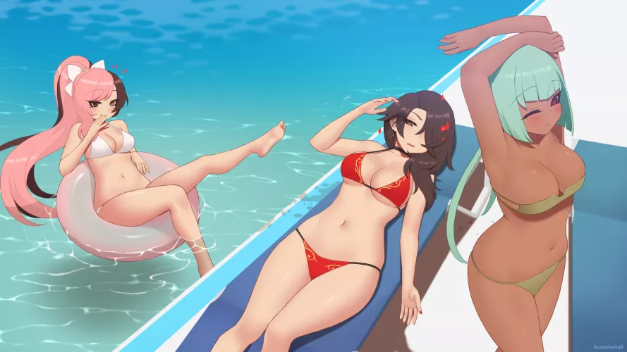 Cinder Fall, Emerald Sustrai, and Neopolitan at the Poolside (kuroonehalf) by ClaireDacloush
