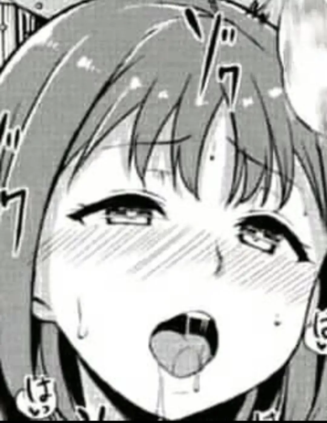 LF mono source: 1girl, foreign sfx, foreign text, sweat, blush, open mouth, drooling, upper teeth only, short hair, hair between eyes, heart shaped pupils posted by saheel007