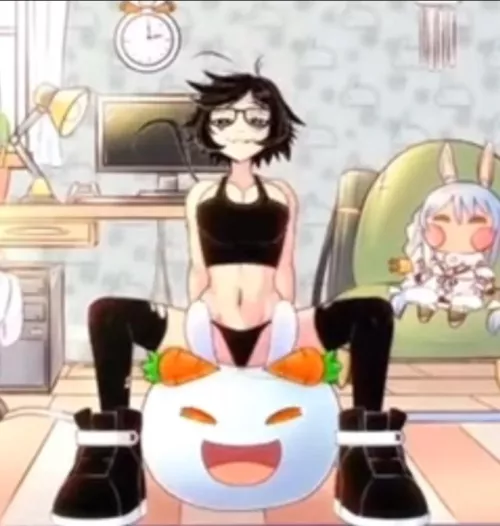 LF color source 1girl, black bra, black panties, black leggings, black shoes, bouncing, bunny pillow, bedroom by Determined-Fighter