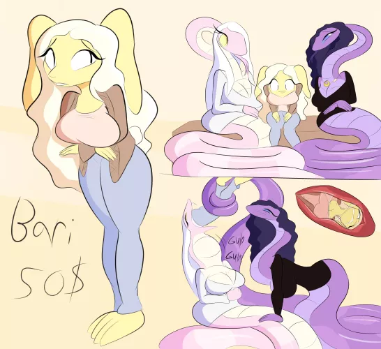 {Image} Bari, a bunny who moved into a city inhabited by lots of snakes, she and the two snakes with her are adoptable! (Art by JackMunchy) by JackMunchy