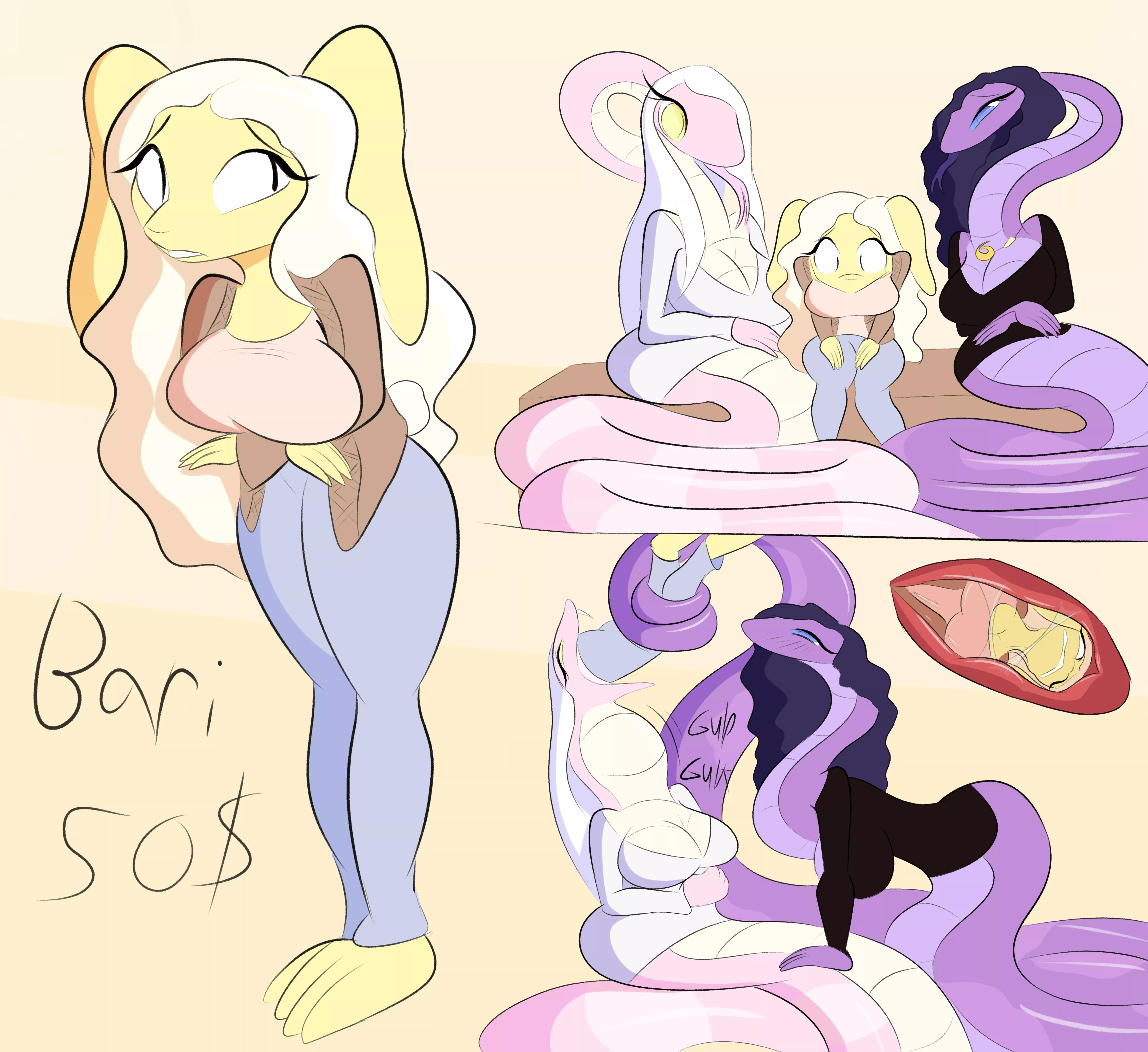 {Image} Bari, a bunny who moved into a city inhabited by lots of snakes, she and the two snakes with her are adoptable! (Art by JackMunchy) posted by JackMunchy