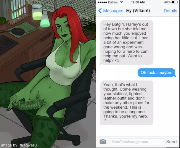 Ivy Booty Call's Batgirl [Image by: Waqwasu] [DC] [Poison Ivy] [Experiment Gone wrong] [Futa] [Batgirl] [Text Conversation] [Implied Sex] [Short] by Trixytail