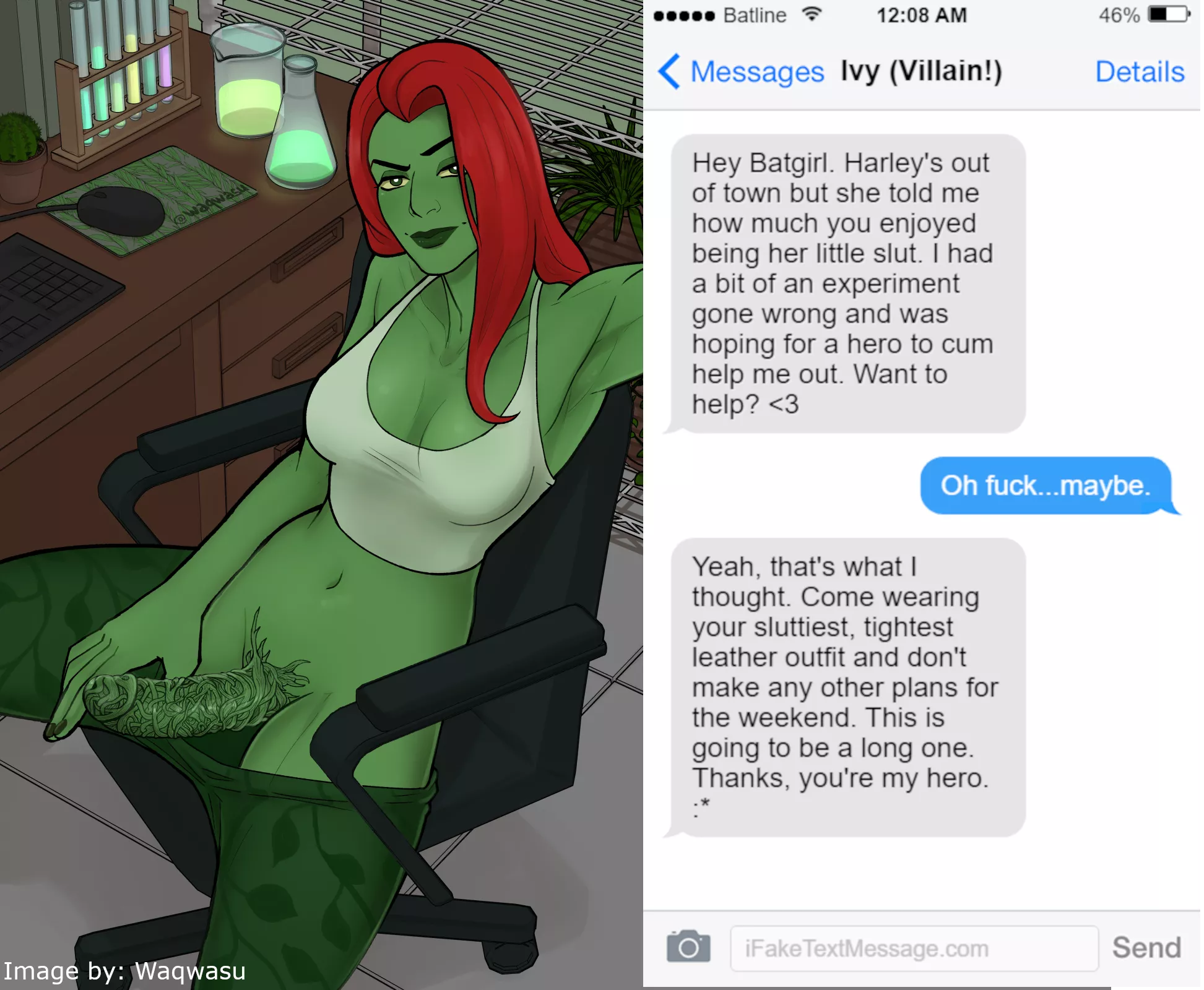Ivy Booty Call's Batgirl [Image by: Waqwasu] [DC] [Poison Ivy] [Experiment Gone wrong] [Futa] [Batgirl] [Text Conversation] [Implied Sex] [Short] posted by Trixytail
