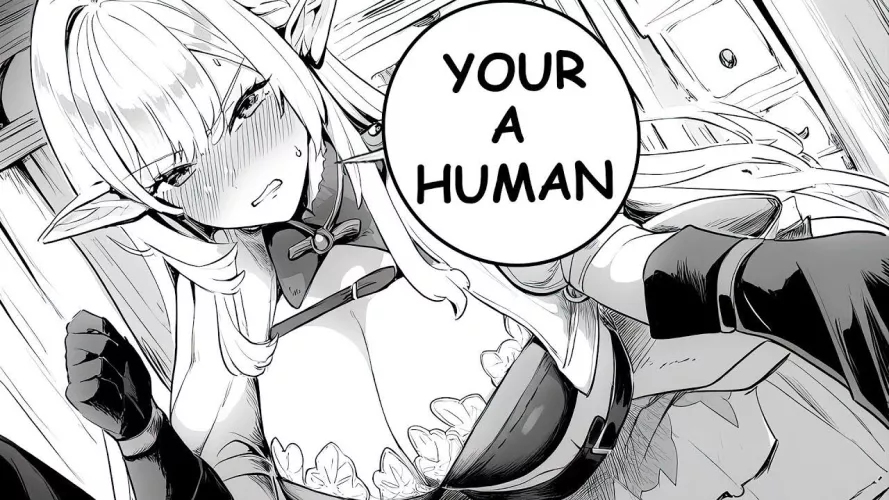 LF Mono Source: 1girl, elf, pointy ears, long hair, blond, sidelocks, blush, long eyelashes, sweat, teeth grinding, big boobs, cleavage, looking at viewer, your a human by Derakart