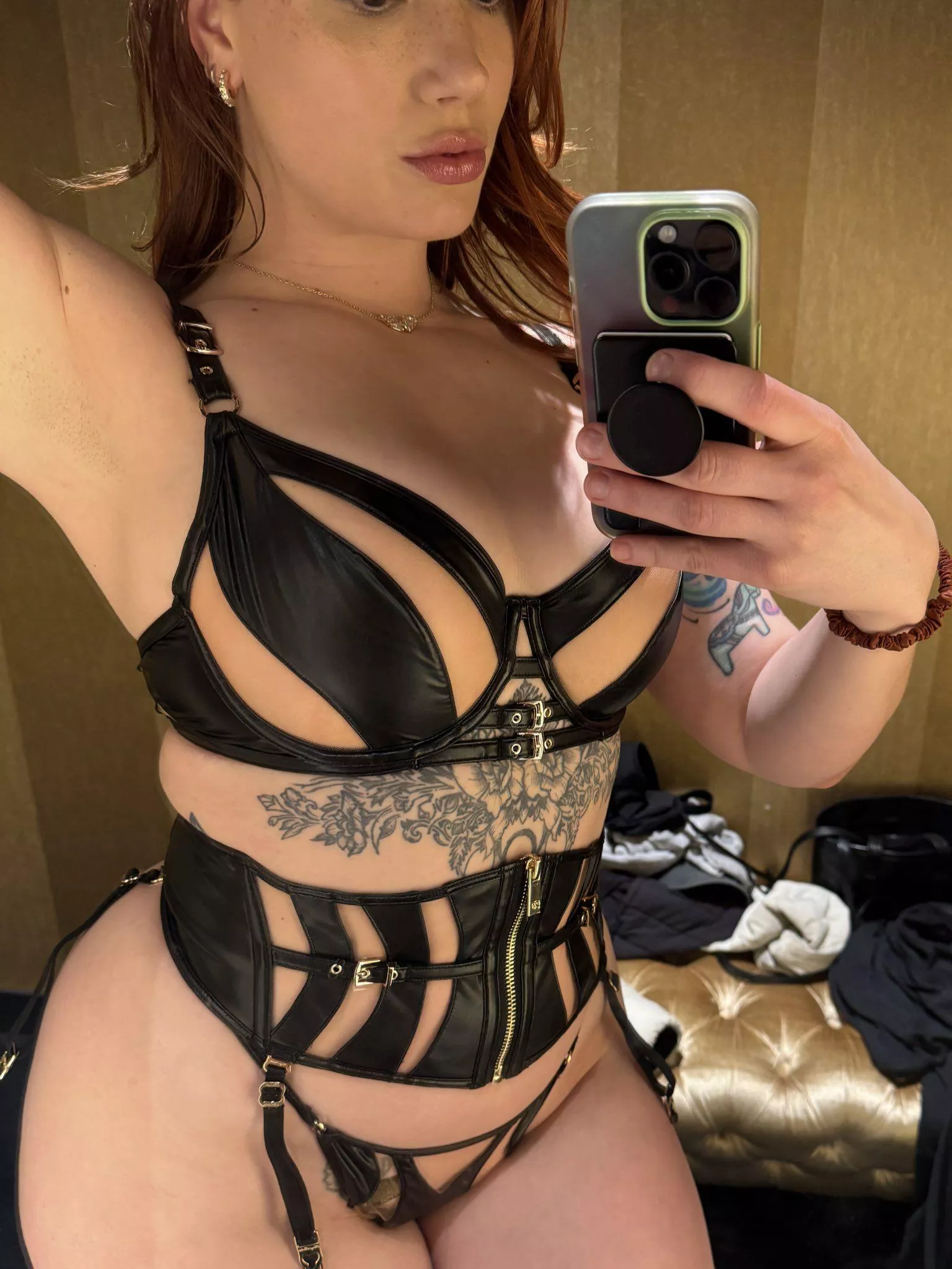 Leather lingerie just hits different posted by defnotsiri