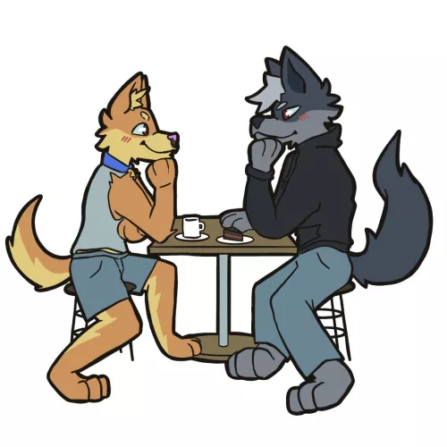Two fluffy boys on a coffee date :3 by delerious_dingo