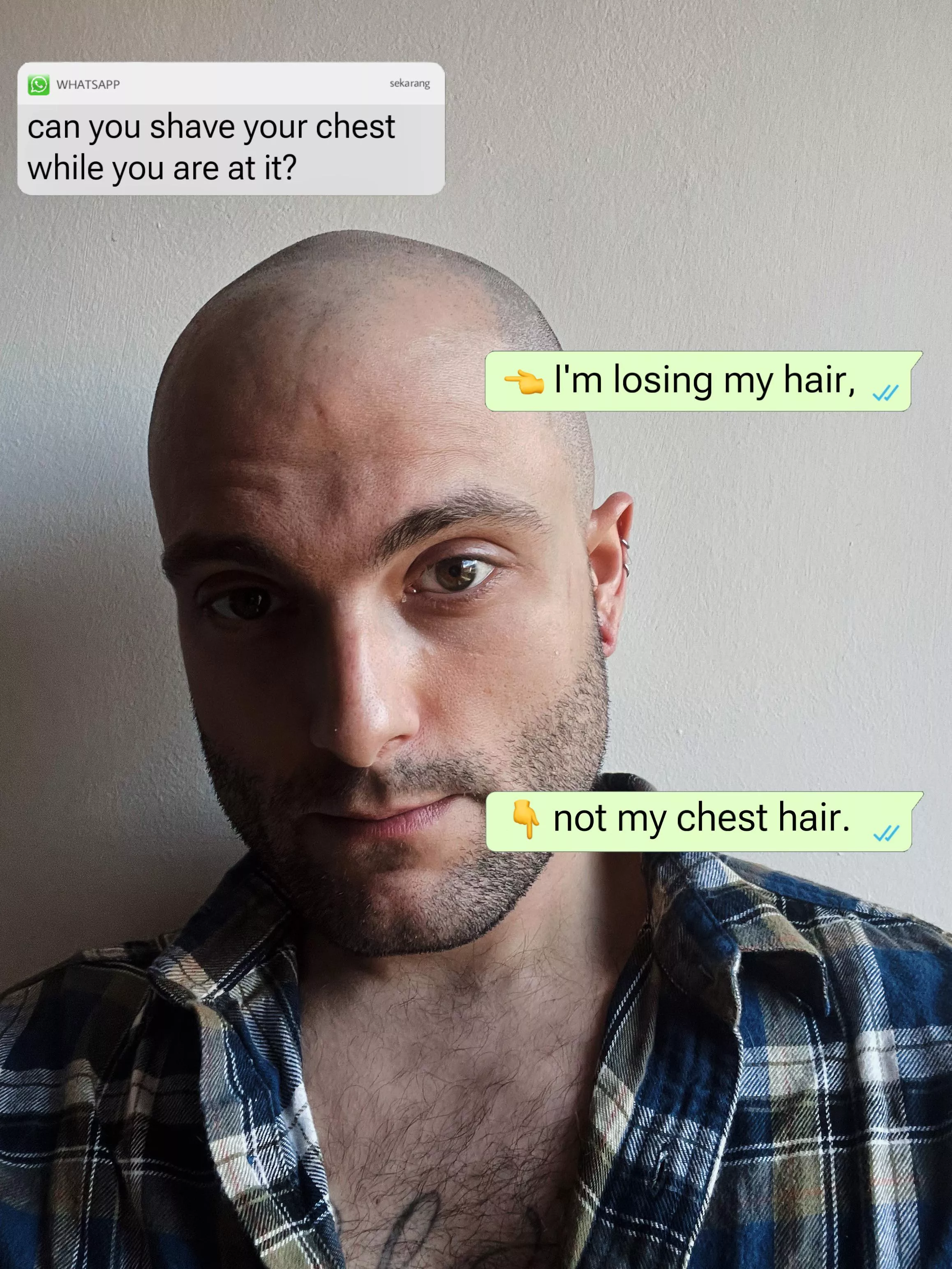 Someone advised me to shave my chest as well as my head. With humor, I reply like this: posted by MikMe993