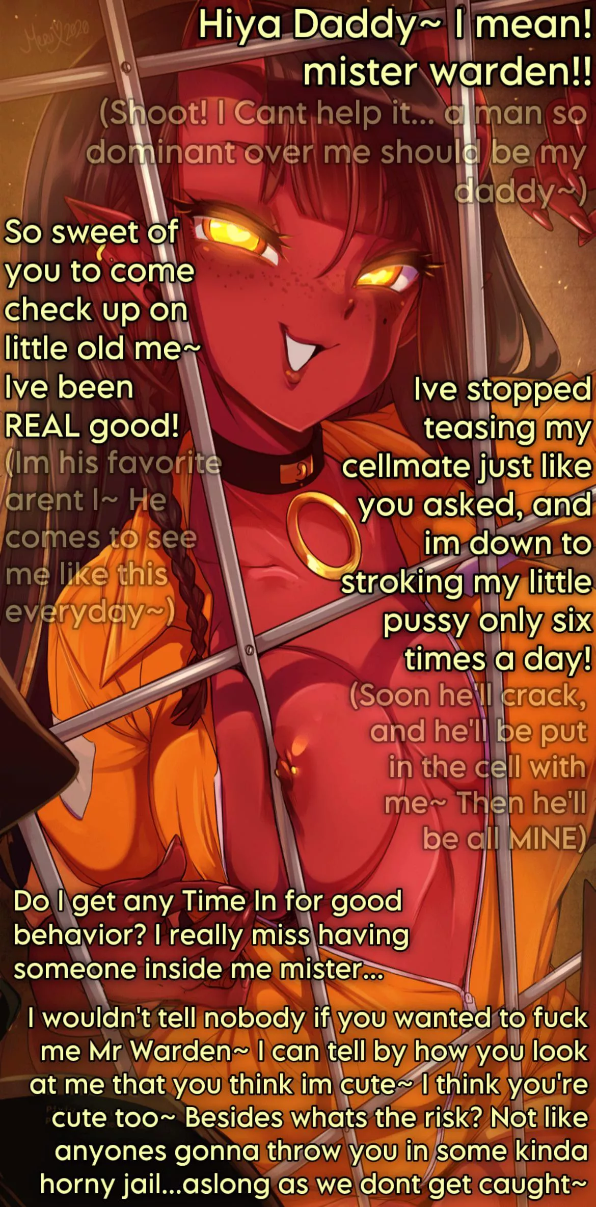 Its hard work being the warden of Horny Jail. Especially when you get to the Succubus Unit. [F] [Monster Girl] [Prisoner/Warden] [inner thoughts] [Corruption] (Artist: Merunyaa) posted by Salem-Sins