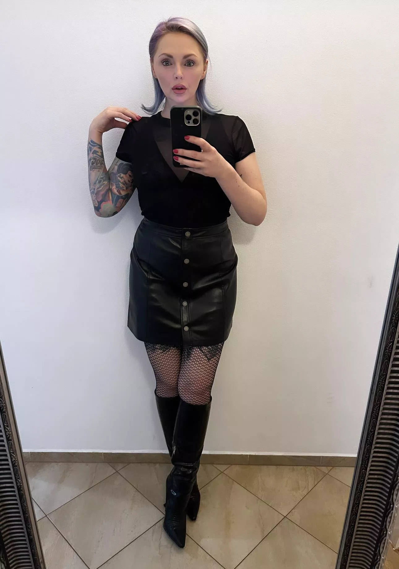 Leather skirt, see through shirt posted by theinkedsiren1