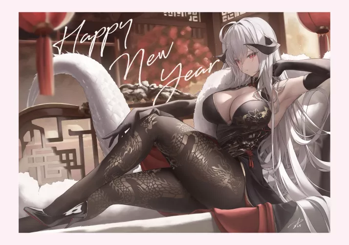 happy new year from horned dragon girl in China dress [original] by Ok_Tea_7964