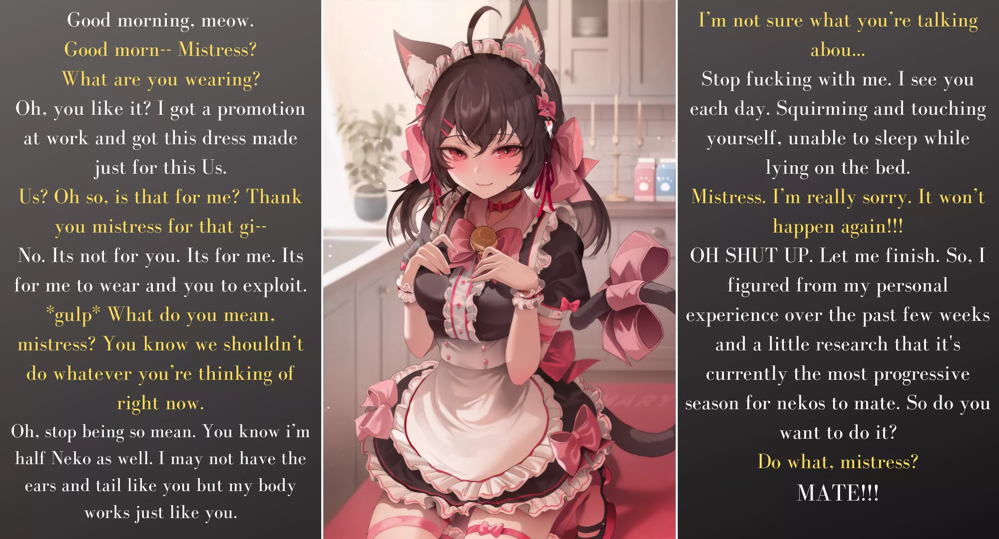 You wake up one day, ready to serve your mistress again. But find yourself in a rather peculiar state. [F4A] [Neko] [Maid] [Servant] [Implied Sex] [Dressing] [Wholesome?] [Mating] (artist: Zerocat) posted by Wise_Wanker